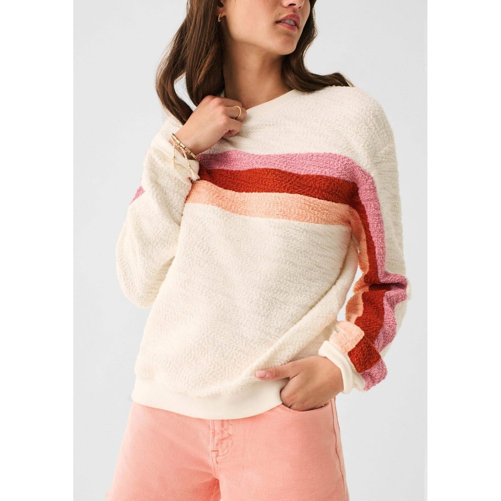 Faherty Organic Cotton Boucle Sunset Stripe Crewneck Sweater Cream Womens Medium